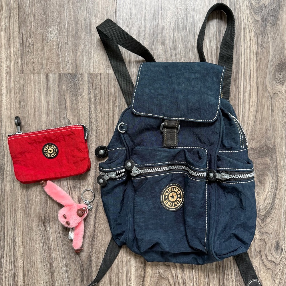 Vintage Kipling Lot Backpack Multipouch Red Navy Blue Pink Monkey